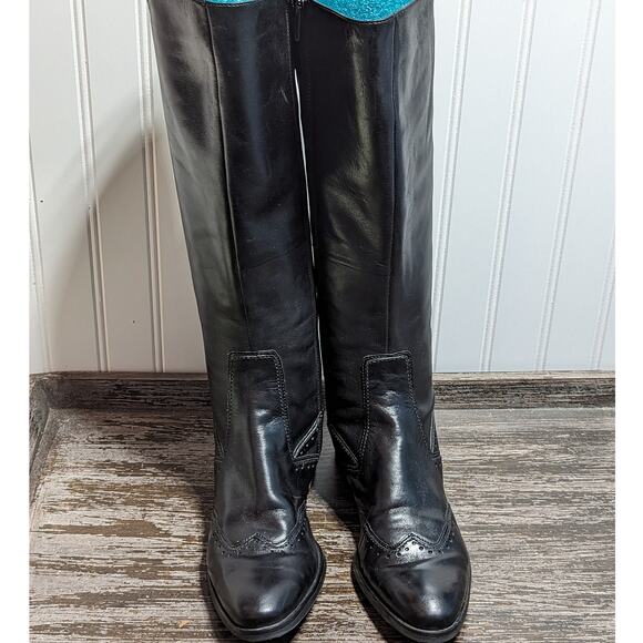 Ecco Women's Black Leather Tall Riding Boot Wingtip Detail Side Zipper Size 37 - Picture 2 of 9